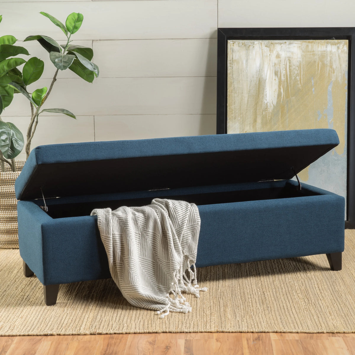 Noble House Hampton Contemporary Fabric Upholstered Storage Ottoman, White and Blue Floral