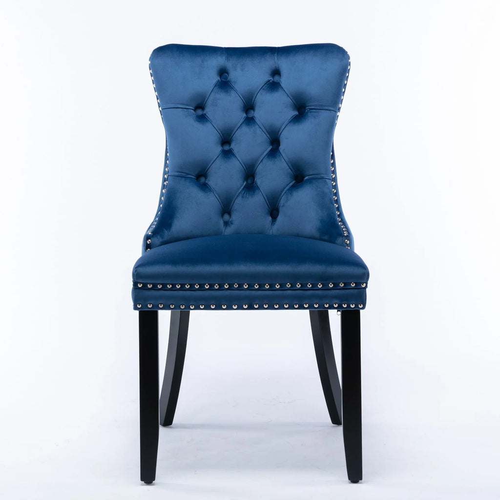 Elegant Button Tufted Dining Chairs, High-end Velvet Upholstered Dining Chairs with Nailhead Back and Ring Pull Trim, Solid Wood Dining Chairs for Kitchen Bedroom Dining Room (Blue,Set of 4)