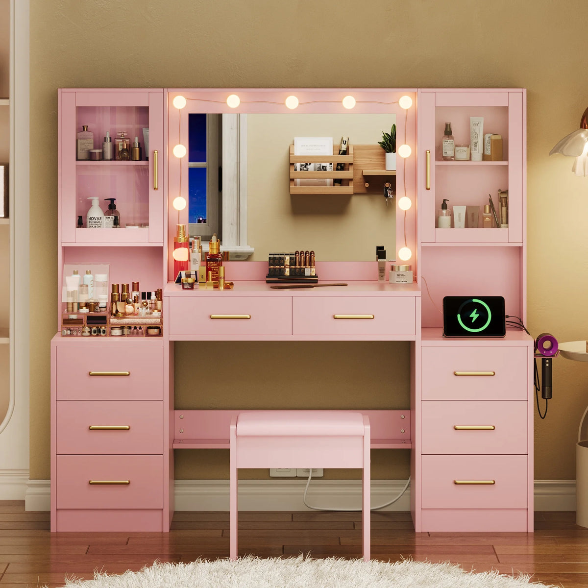 UGTOO 58.3" White Vanity Desk with Mirror, Adjustable Lighting, Power Outlet, Drawers, with Stool