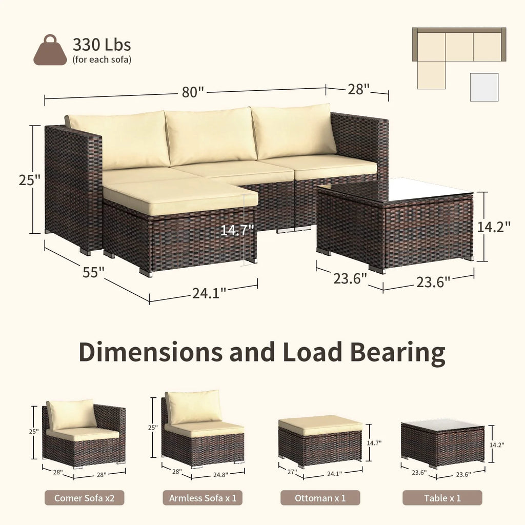Patio Furniture Set Clearance, Lofka 5 Piece Outdoor Sectional Furniture Chair Set with Cushions and Tea Table, Gray