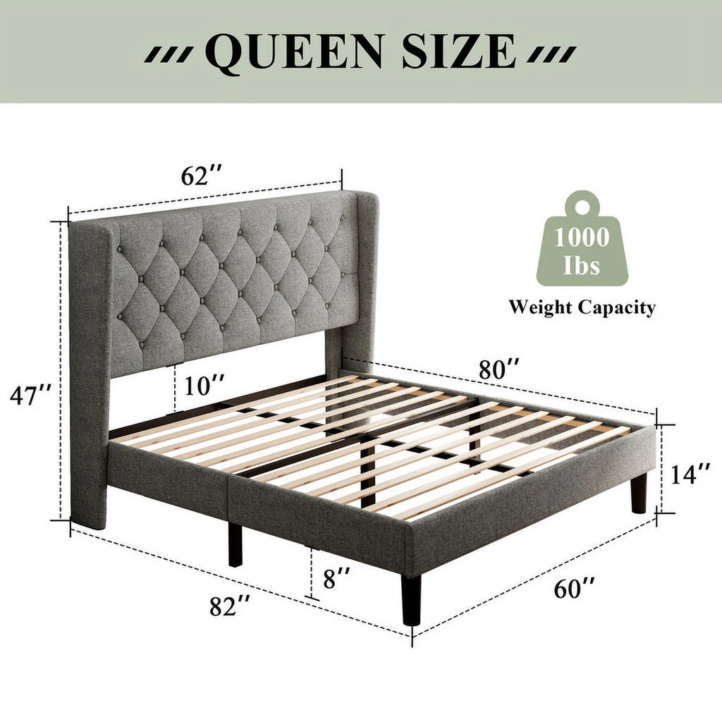 iPormis Full Size Bed Frame with Diamond Button Tufted Wingback Headboard, Upholstered Platform Bed Frame with Strong Wood Slat Support, No Box Spring Needed,Black