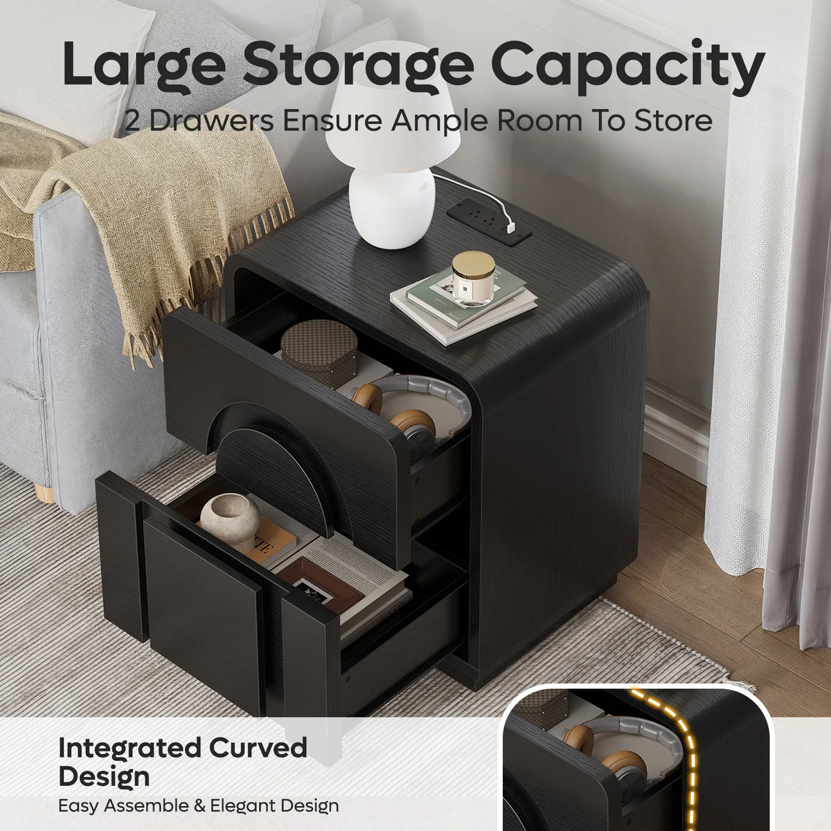 Bestier Nightstands Set of 2 with Charging Station, Modern Bedside Table End Table with Storage Drawer & Open Shelf for Bedroom Living Room Dorm Office, Natural