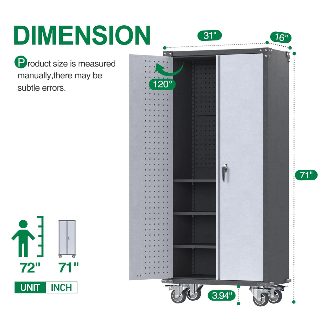 SUPEER 71" Metal Storage Cabinets with Wheels and Pegboards, Industrial Cabinet with 2 Drawers and 2 Adjustable Shelves,, Assembly Required