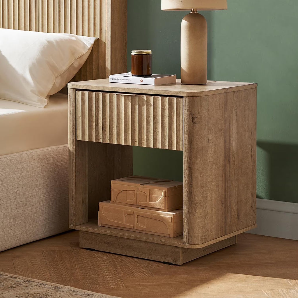Mopio Brooklyn Oak Nightstand, Modern Farmhouse Side Table with Drawer and Storage, Fluted Panel, Curved Profile, Rose Gold Handle