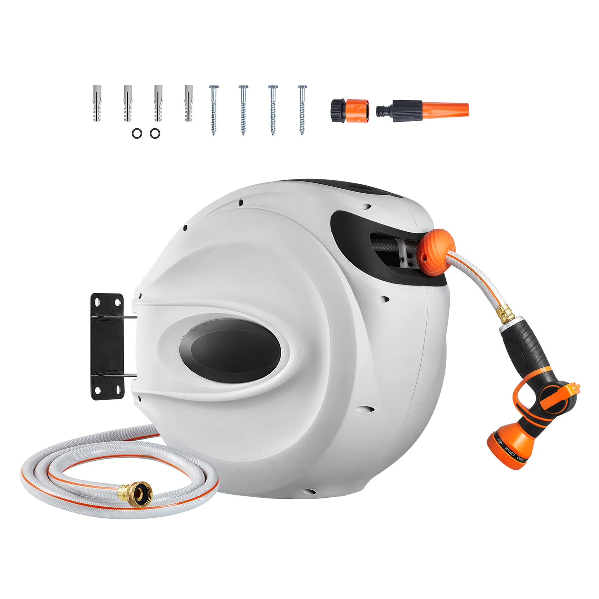 BENTISM Retractable Hose Reel, 115 ft x 1/2 inch, 180�� Swivel Bracket Wall-Mounted, Garden Water Hose Reel with 9-Pattern Nozzle, Automatic Rewind, Lock at Any Length, and Slow Return System