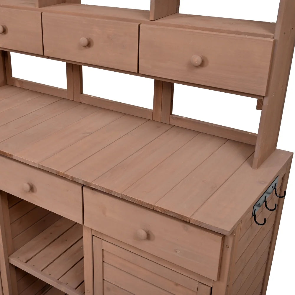 Rustic 65.7'' Tall Garden Potting Bench Table with Hutch, 3 Shelves, 6 Drawers, 2 Cabinets & 3 Side Hooks for Mudroom, Patio, 3 Color