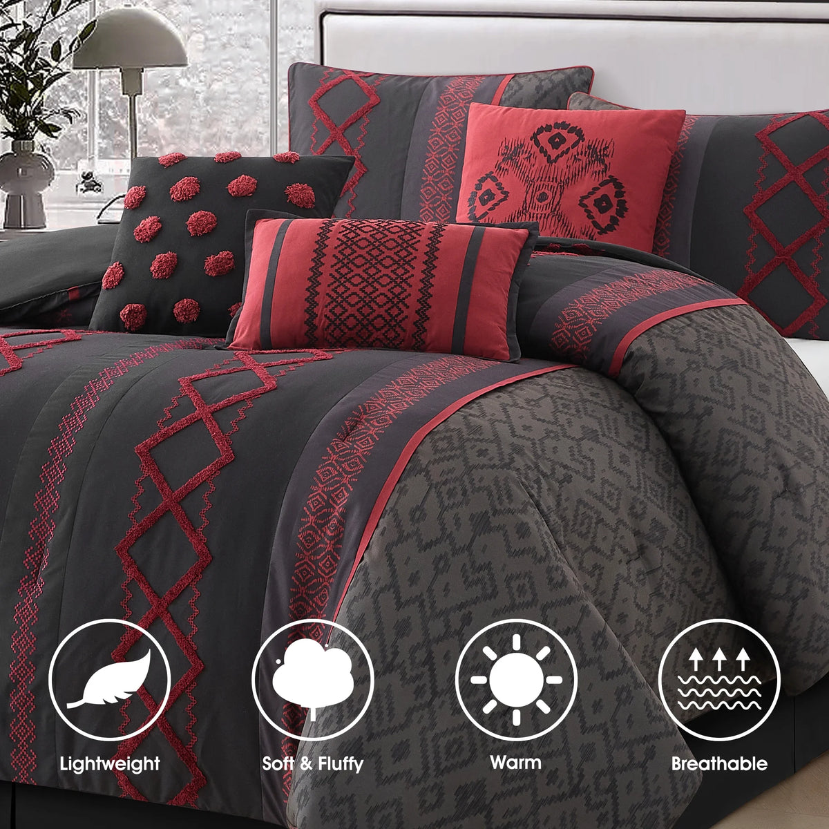 Lanco Luxury 7 Piece Cozy Boho Comforter Set Queen Beige Embroidered Girls Bedding, Premium Microfiber, All Season Home Décor