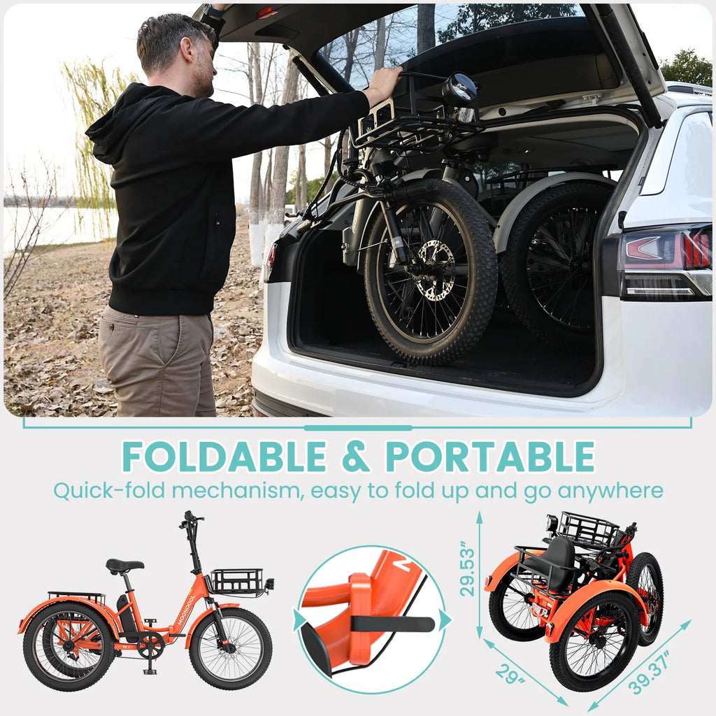 MOONCOOL TK1 Folding Electric Tricycle for Adults,48V 14.5Ah Removable battery, 500W��Peak 1000w��Motor, 20" Fat Tire Step-Thru 3Wheel Electric Bicycle w/Front&Rear Baskets, Certified to UL 2849 by SGS