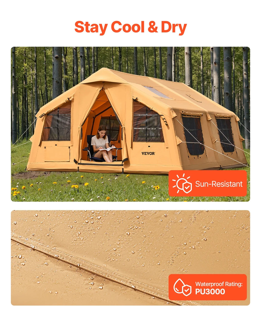 VEVOR Inflatable Tents for Camping,8-12 Person Easy Setup Blow up Tent with Hand Pump,4 Season Luxury Glamping Tent with 2 Skylights, Canopy,Stove Jack, 2 Doors & Mesh Windows(Include Storage Bag)