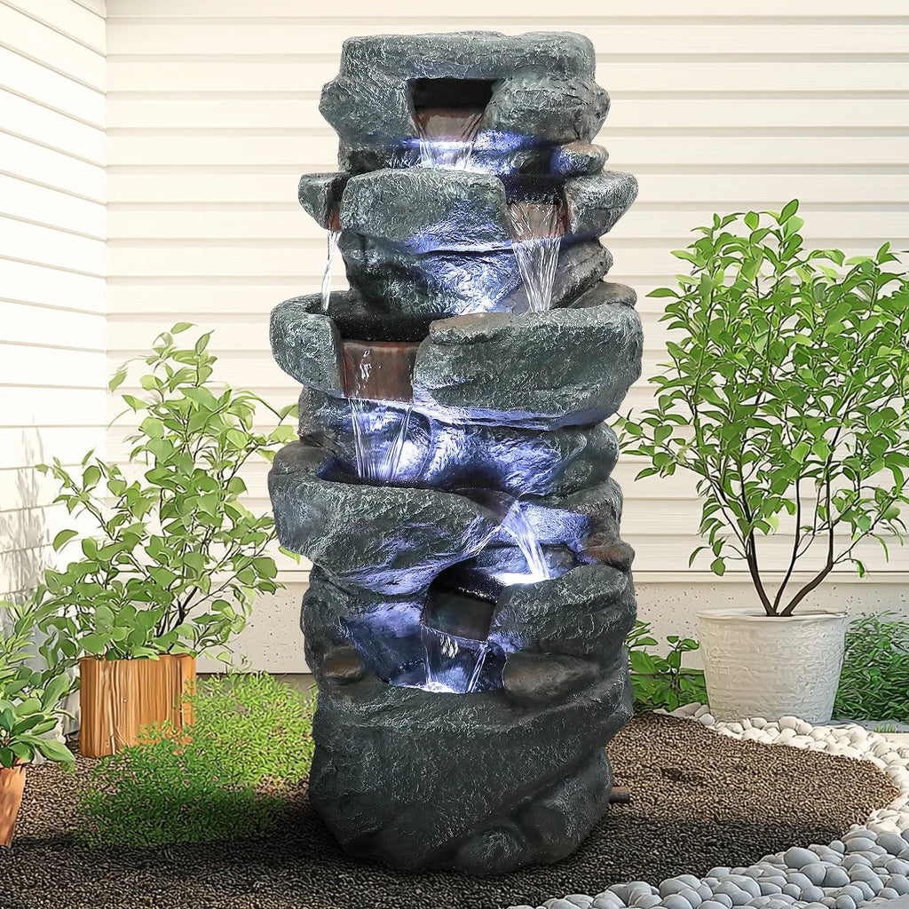SunJet 40.5" Rock Water Fountain w/LED Lights - Outdoor 6-Tier Waterfall Fountain  for Garden Decor