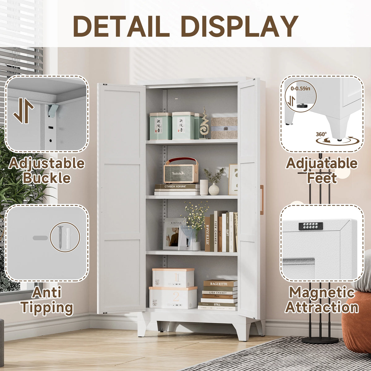 Metal Pantry Cabinet, 61''  White Kitchen Pantry Storage Cabinet with Doors and Adjustable Shelves, Utility Room, Homes, Offices, Garage-, Assembly Required