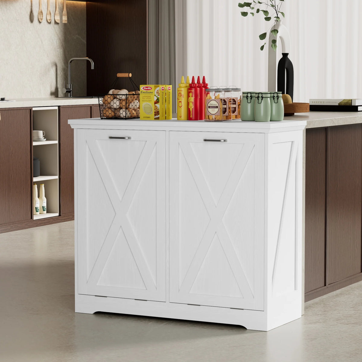 Tolead Double Tilt Out Trash Cabinet, Wooden Free Standing Laundry Sorter Cabinet, with Hideaway Drawer, White
