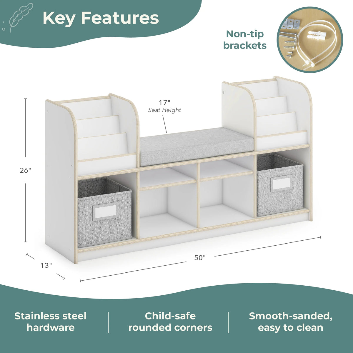 Guidecraft EdQ Reading Nook - Natural: Children's Wooden Bedroom Reading Bench, Kids' Bookshelf, Toy Cubby Organizer and Cube Storage