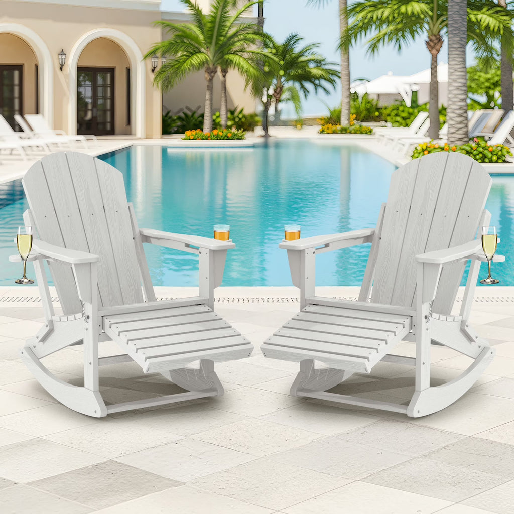 KINGYES Folding Adirondack Rocker Chair Set of 2 W/ Footrest & Dual Cup Holders, HDPE Outdoor Patio Rocking Chair, Black