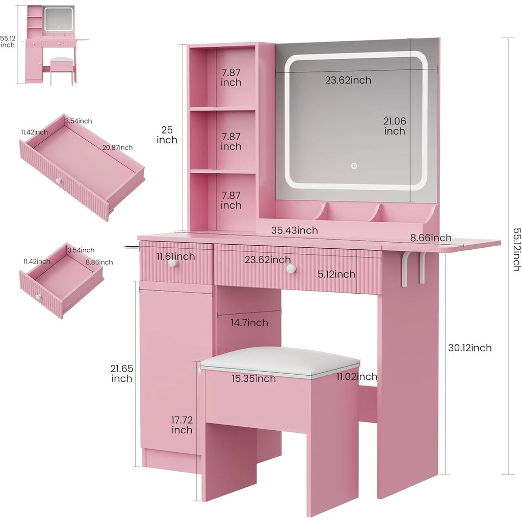 M optimized Vanity Desk with Mirror and Lights, Power Outlets Makeup Table with Drawers & Cabinet, Storage Stool, Dressing Table for Bedroom