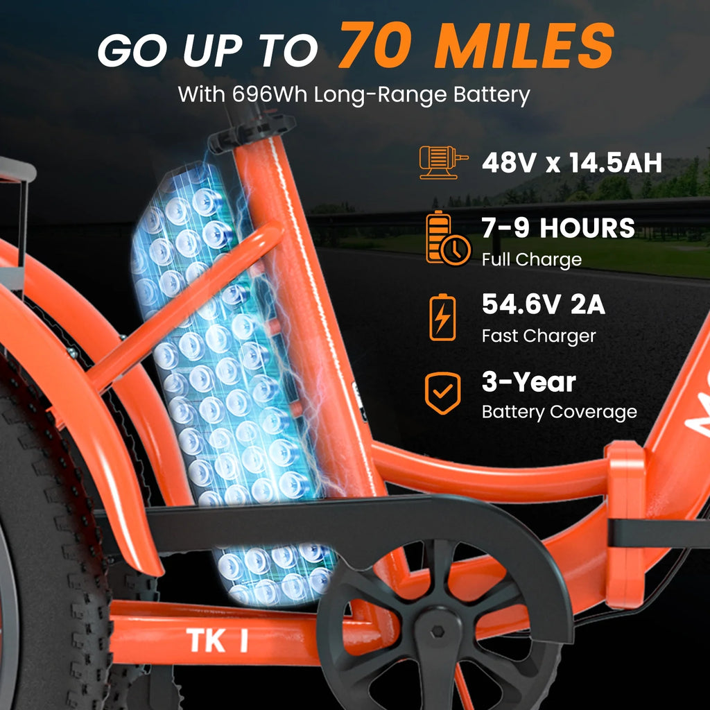 MOONCOOL TK1 Folding Electric Tricycle for Adults,48V 14.5Ah Removable battery, 500W��Peak 1000w��Motor, 20" Fat Tire Step-Thru 3Wheel Electric Bicycle w/Front&Rear Baskets, Certified to UL 2849 by SGS