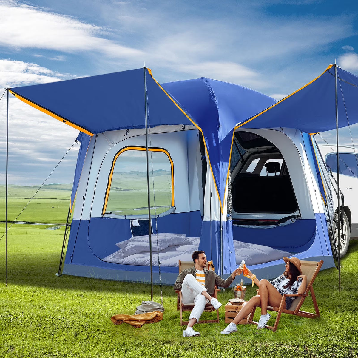 MOPHOTO SUV Tents for Camping 4 People, PU 3000mm Waterproof SUV Tent Attachment Tailgate Tent for Car Jeep Van, Spacious Space 8.2'L x 8.2'W x 7.2'H with 2 Awnings & Double Door