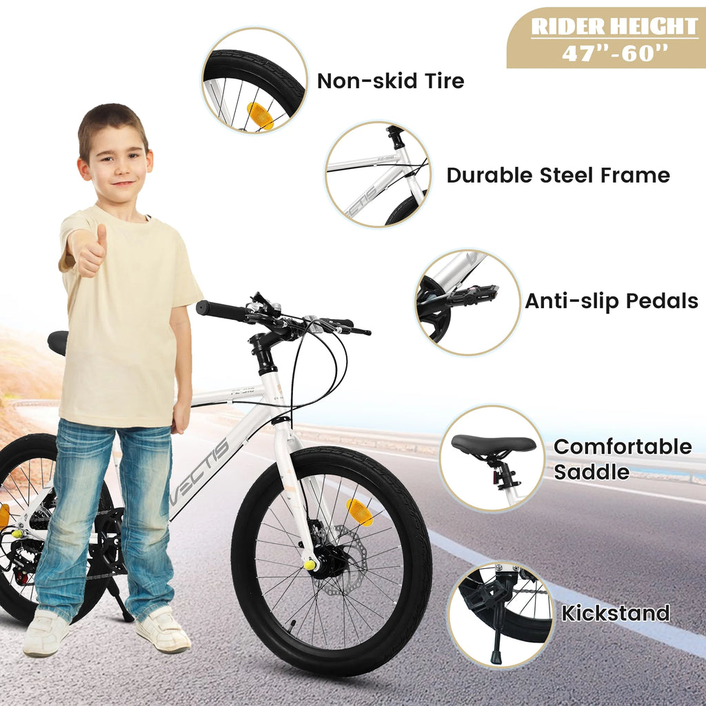 20 Inch Kids Bike for Boys Girls, 7-Speed Children Road Bike with Steel Frame and Dual Disc Brakes, Kids Road Bicycle for Ages 6-12 Years Old Birthday Gift, Silver