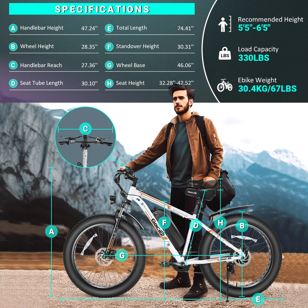 Gocio 26" 4.0 Fat Tire Electric Bike for Adults, 500W Motor, 48V 13Ah Battery, Lightweight Aluminum Alloy Frame, Max 22Mph Electric Mountain Bike Beach Snow Ebike for Men, Professional 7-Speed UL2849