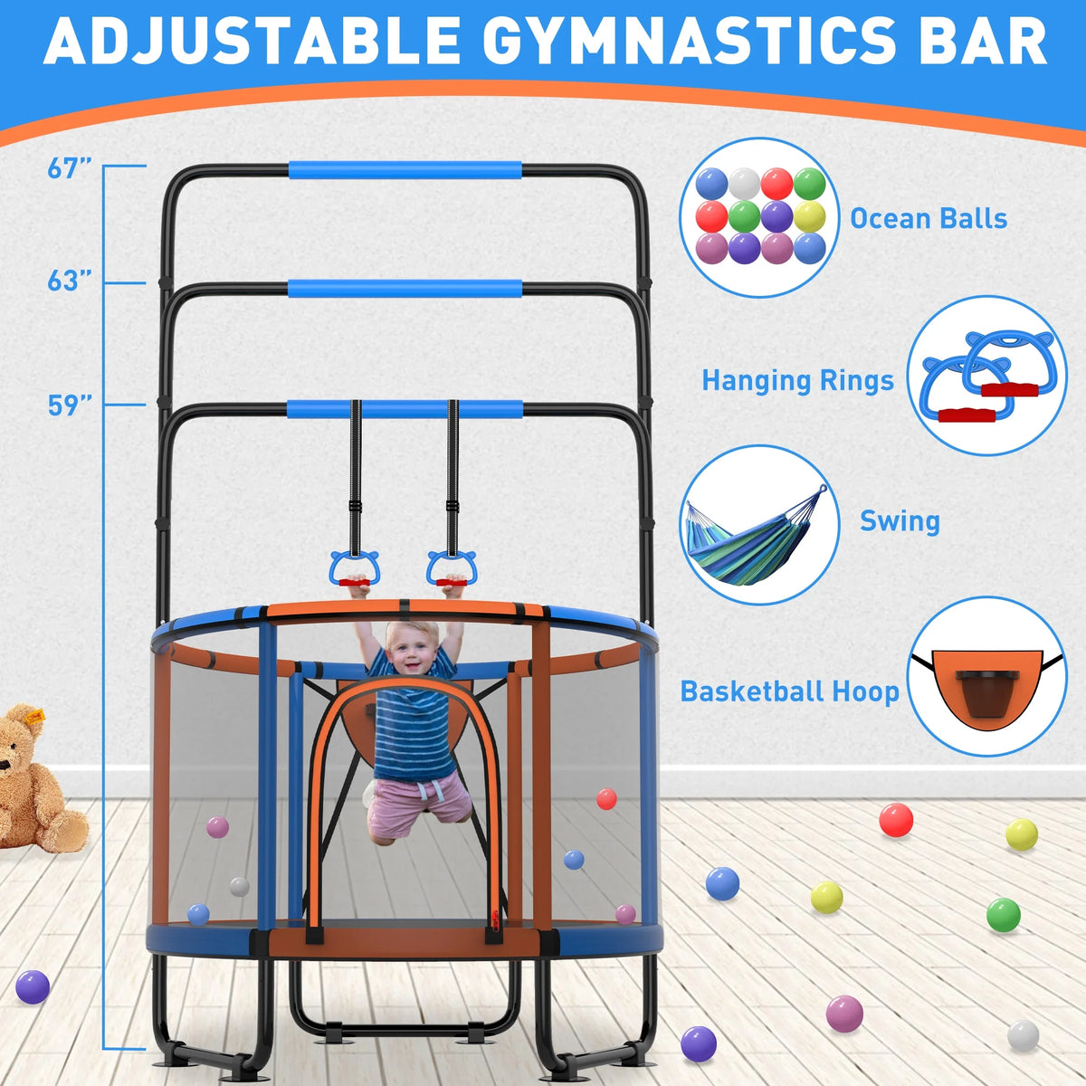 CITYLE Trampoline for Kids 600LBS 60'' 5FT Toddler Trampoline Indoor Outdoor with Basketball Hoop, Swing, Adjustable Bar, Mini Small Trampoline with Enclosure, Gifts for Toddlers, Boys & Girls