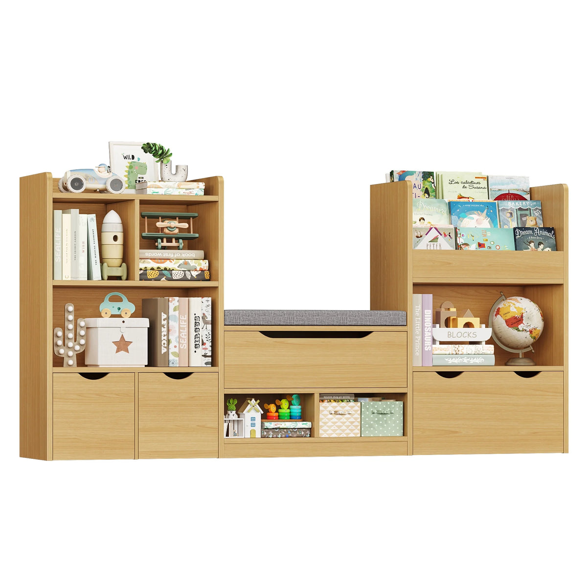 Hiphuta 72"Wide Kids Bookcase with Reading Nook and Under Bench Storage, Wooden Toy Storage Organizer & Book Rack for Kids Room, White