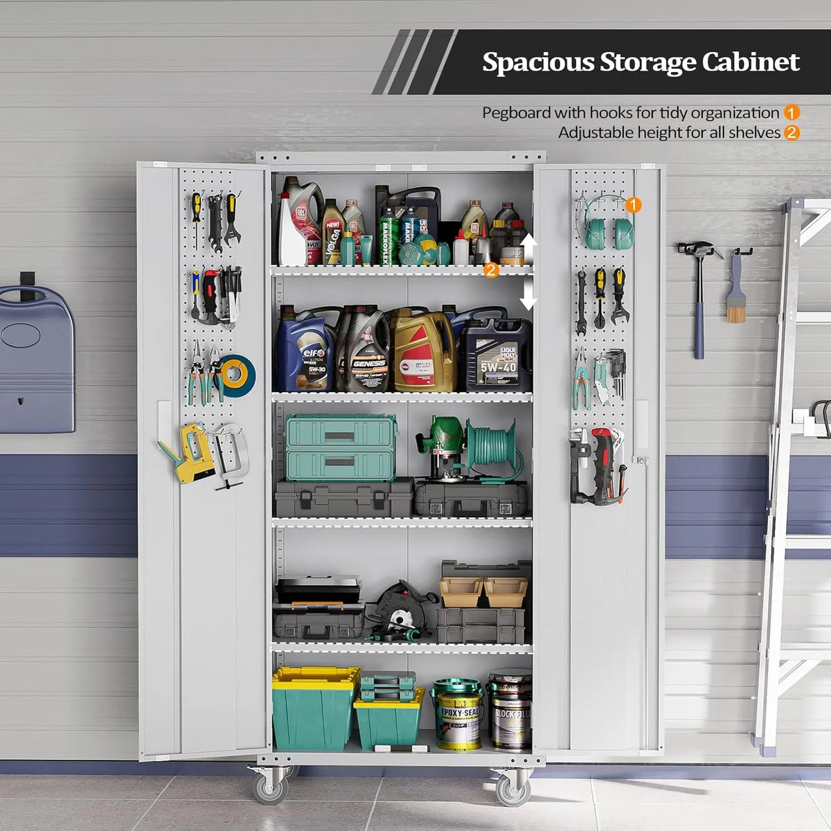 Ktaxon 72''H Garage Storage Cabinet with Pegboards, Metal Storage Cabinet with Wheels, Locking Doors and Adjustable Shelves, Black