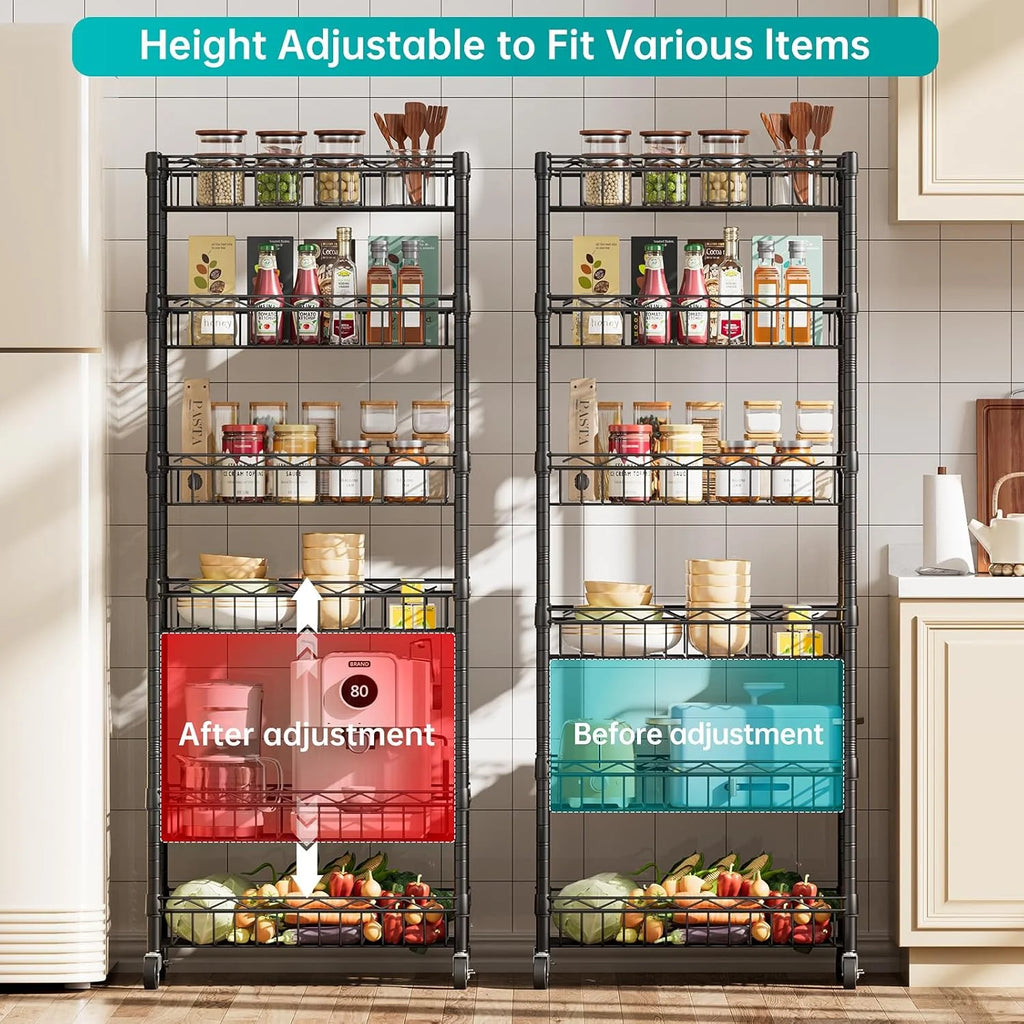 6 Tier Wire Shelving Unit with Wheels Baskets Storage Rack Corner Shelves Adjustable Shelf Closet Bathroom Organizers Metal Pantry Kitchen Garage Laundry Room 13.5" D x 13.5" W x 63" H Silver