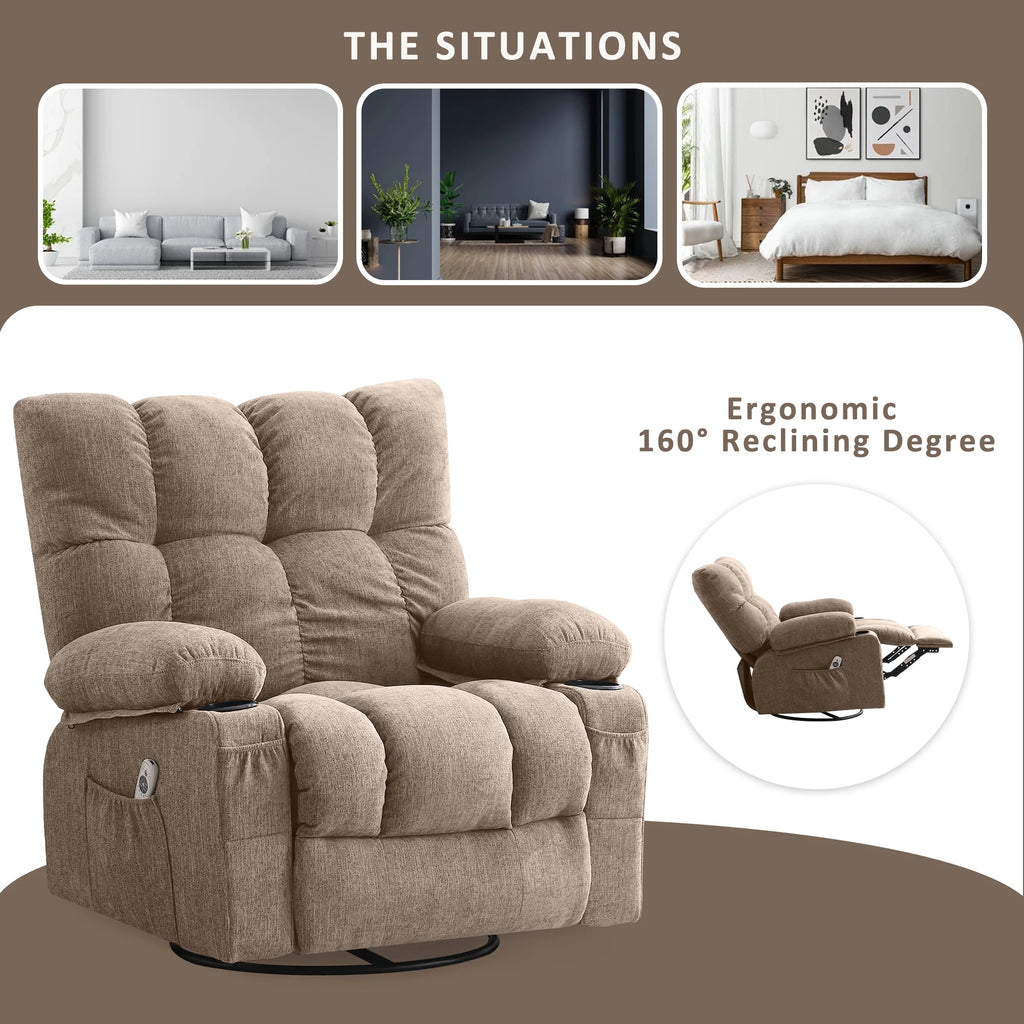 JONPONY Manual Recliner Chair with Heat Therapy and Massage Function, Heavy Duty Reclining Mechanism Massage Chair, Elderly Single Rocker Sofa with Cup Holders for Bedroom Home Theater,Grey