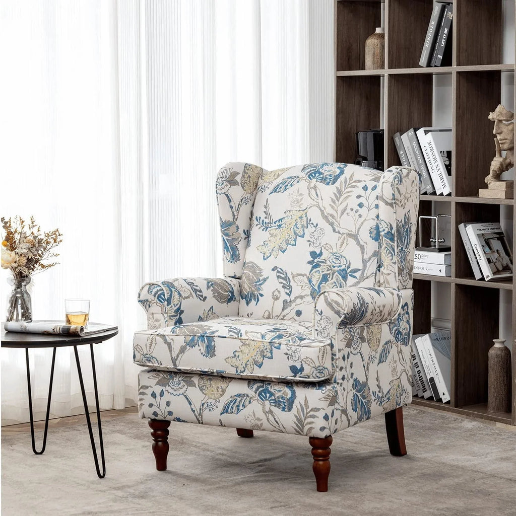 Hommow Upholstered Accent Chair, Floral Print Fabric Armchair,Blue