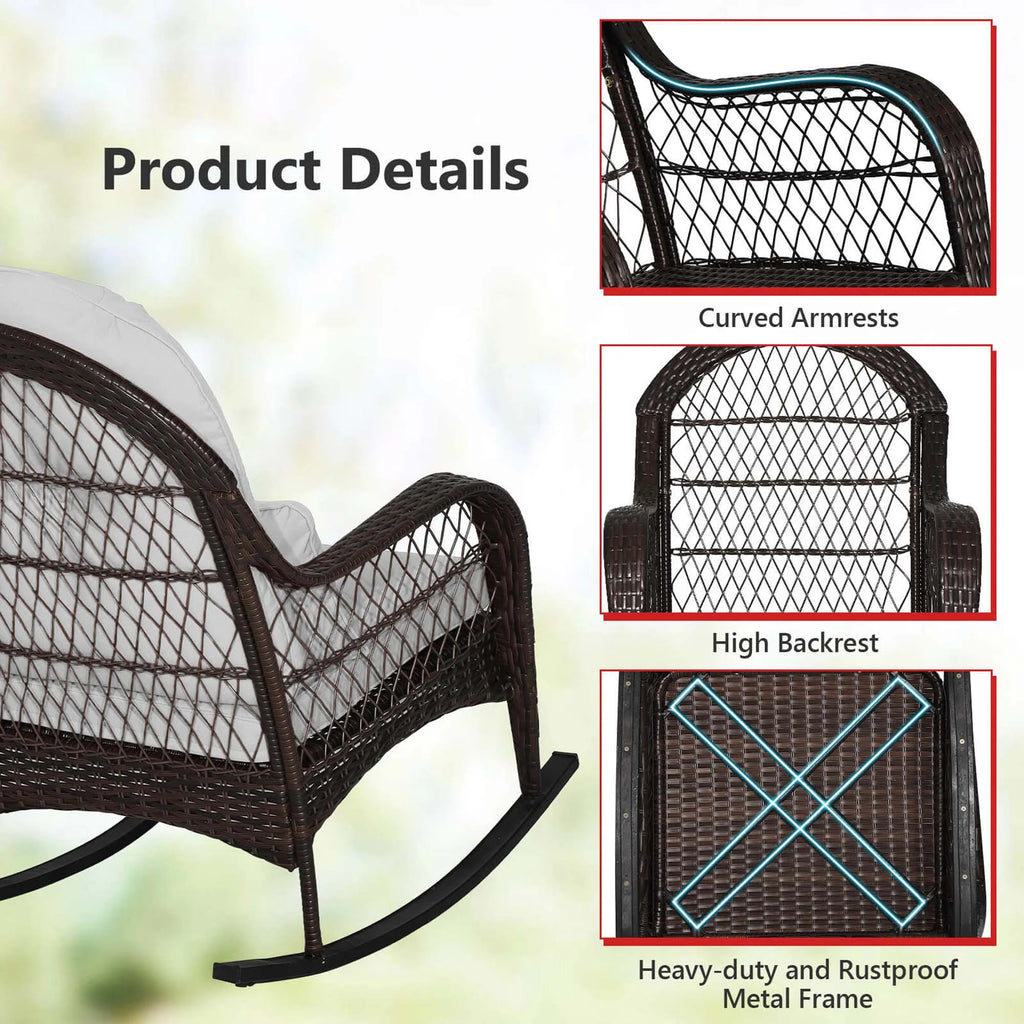 Costway Patio Wicker Rocking Chair W/Seat Back Cushions & Lumbar Pillow Porch Off White