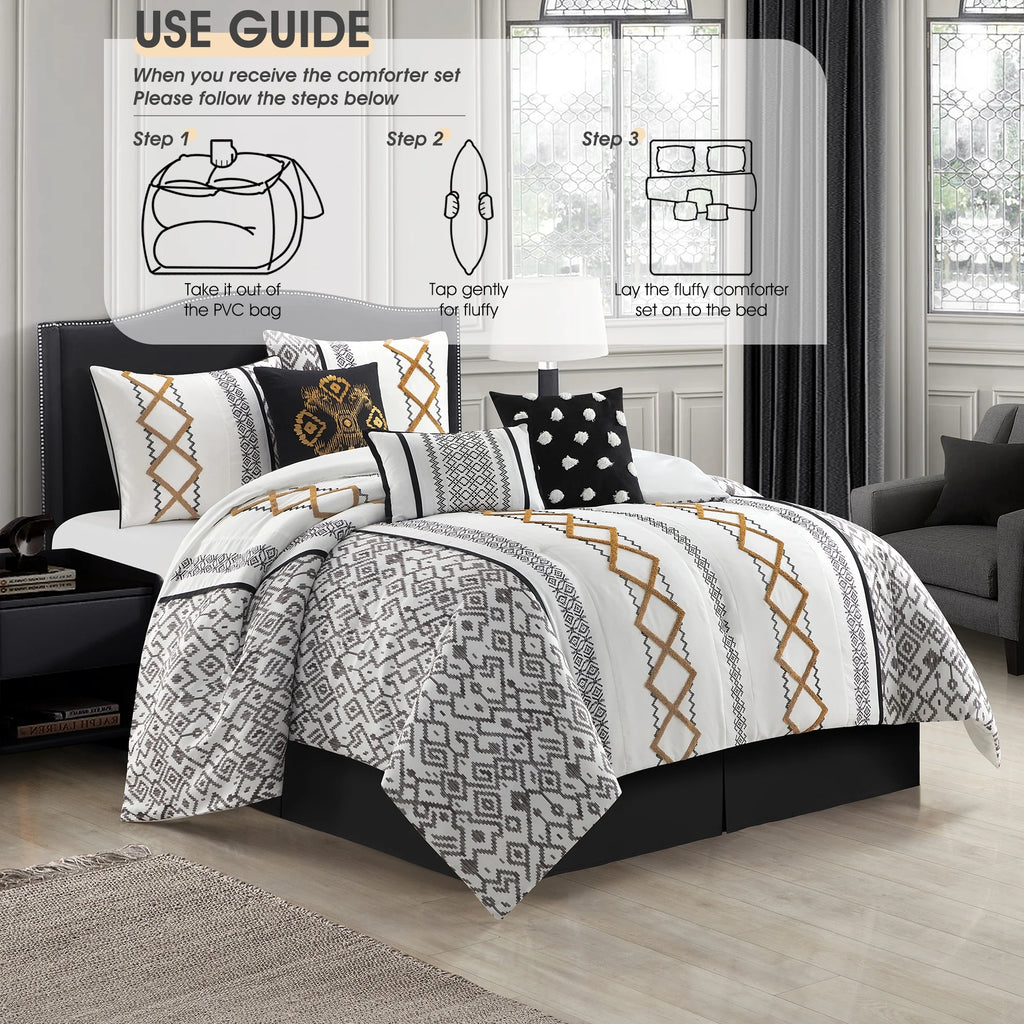 Lanco Luxury 7 Piece Cozy Boho Comforter Set Queen Beige Embroidered Girls Bedding, Premium Microfiber, All Season Home Décor