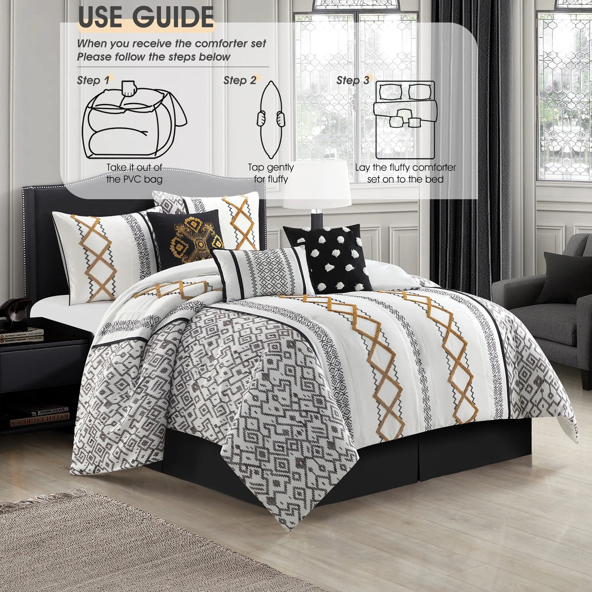 Lanco Luxury 7 Piece Cozy Boho Comforter Set Queen Beige Embroidered Girls Bedding, Premium Microfiber, All Season Home Décor