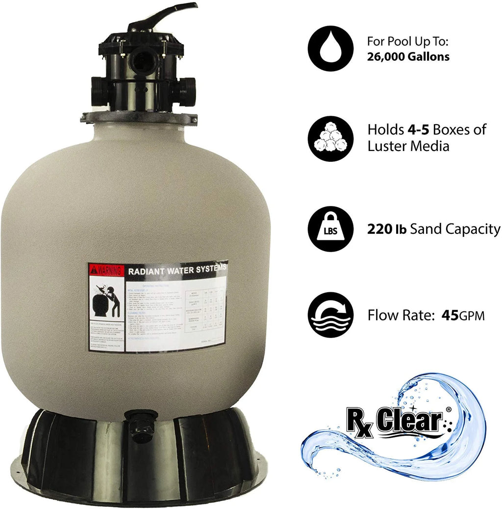 Rx Clear Radiant 22" Sand Filter with 6 Position Valve for Above-ground Swimming Pools