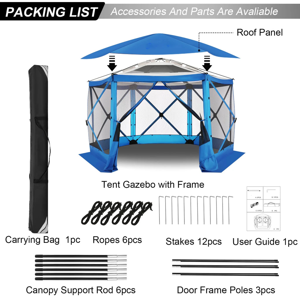 HOTEEL 12x12 Portable Pop-Up Outdoor Camping Gazebo, Screen Tent with Mosquito Nettings, Waterproof, UV, Bite Proof, Removable top Glamping Canopy with Carry Bag, Gray
