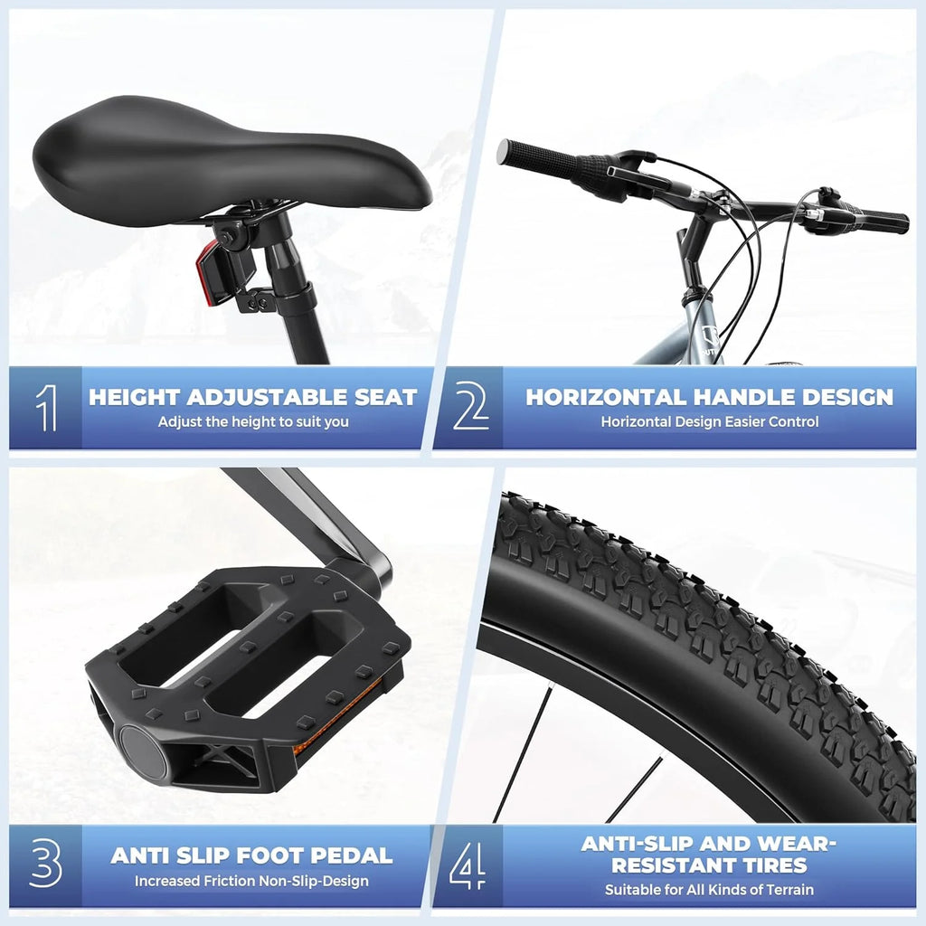 Outroad 26 Inch Mountain Bike, 7/21-Speed/High-Carbon Steel/Aviation Grade Frame, Dual Disc/V Brake, Adjustable Ergonomic Seat Bicycle for Men Women Adult, Quick Assembly in 20 Minutes