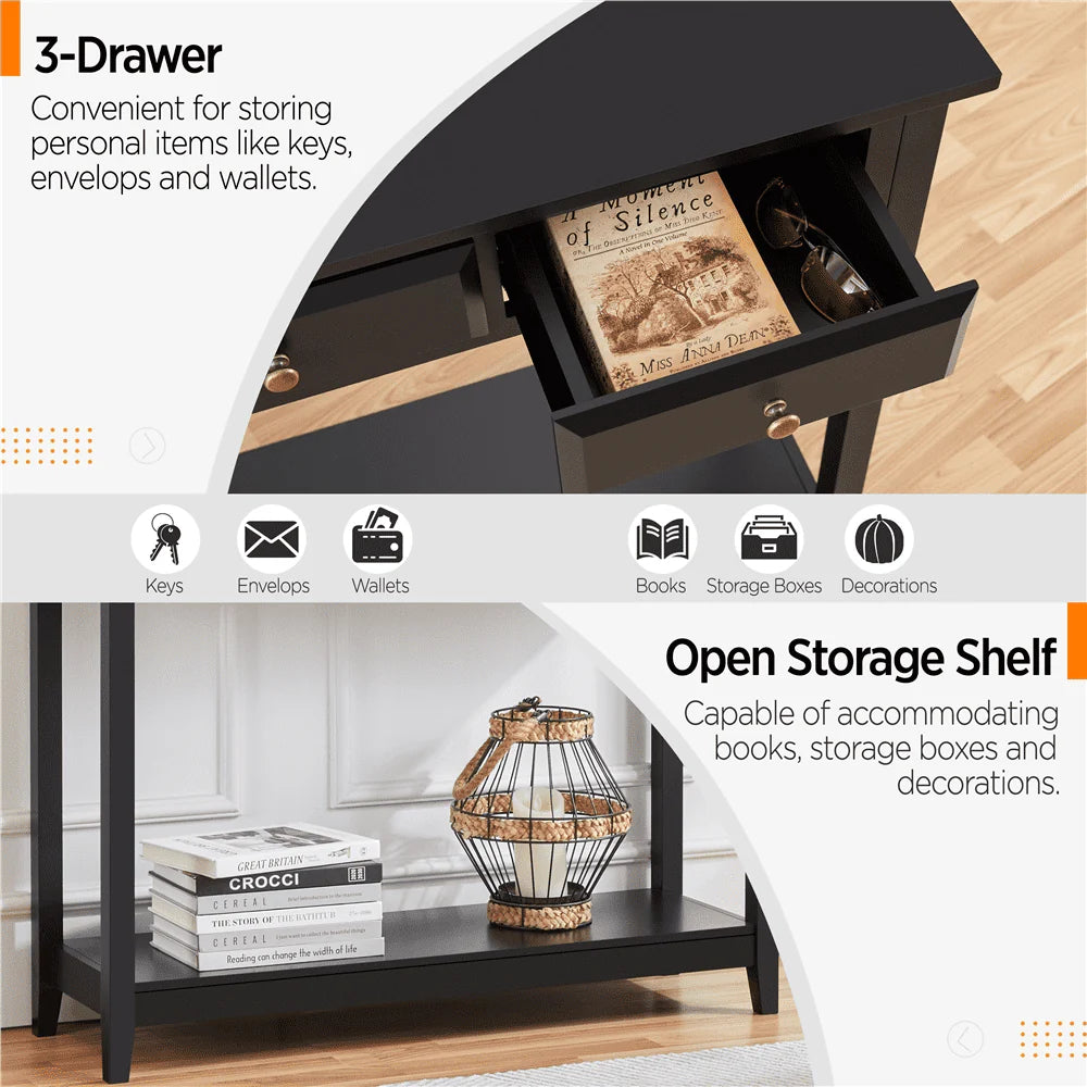 Topeakmart 3-Drawer Wooden Console Table Entryway Table with Storage Shelf Pine Wood Legs, Black