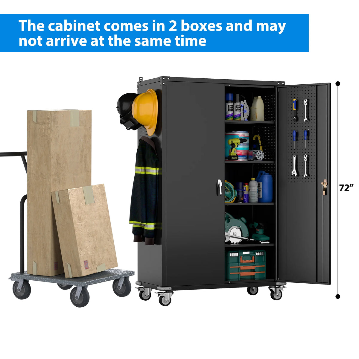 SUPEER 71" Metal Storage Cabinets with Wheels and Pegboards, Industrial Cabinet with 2 Drawers and 2 Adjustable Shelves,, Assembly Required