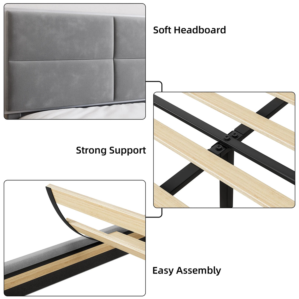 Homhougo King Size Bed Frame Upholstered Platform, Bed Frame with Square Velvet Headboard, Wooden Slats Support, Non-Slip and Noise-Free, No Box Spring Needed, Easy Assembly(Light Gray)