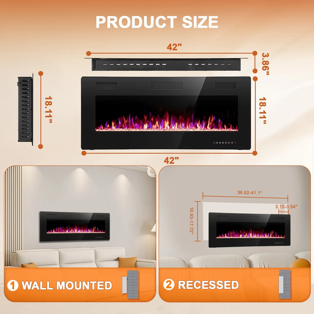 KISSAIR 60�� Indoor Electric Fireplace Ultra Thin Fireplace, Wall Mounted Recessed Fireplace with Multiple Colors