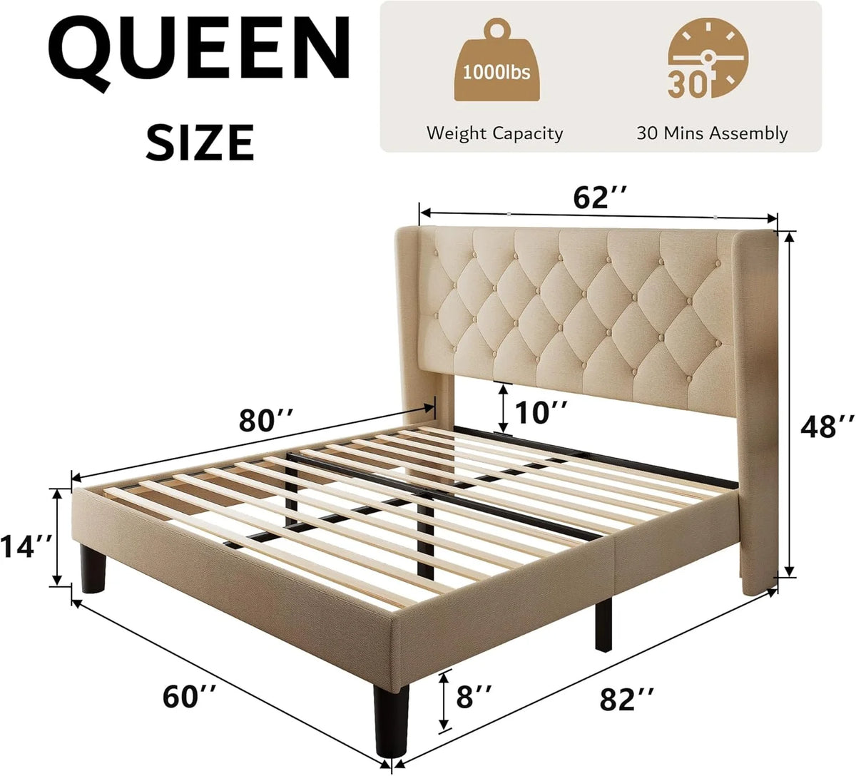 iPormis Full Size Bed Frame with Diamond Button Tufted Wingback Headboard, Upholstered Platform Bed Frame with Strong Wood Slat Support, No Box Spring Needed,Black