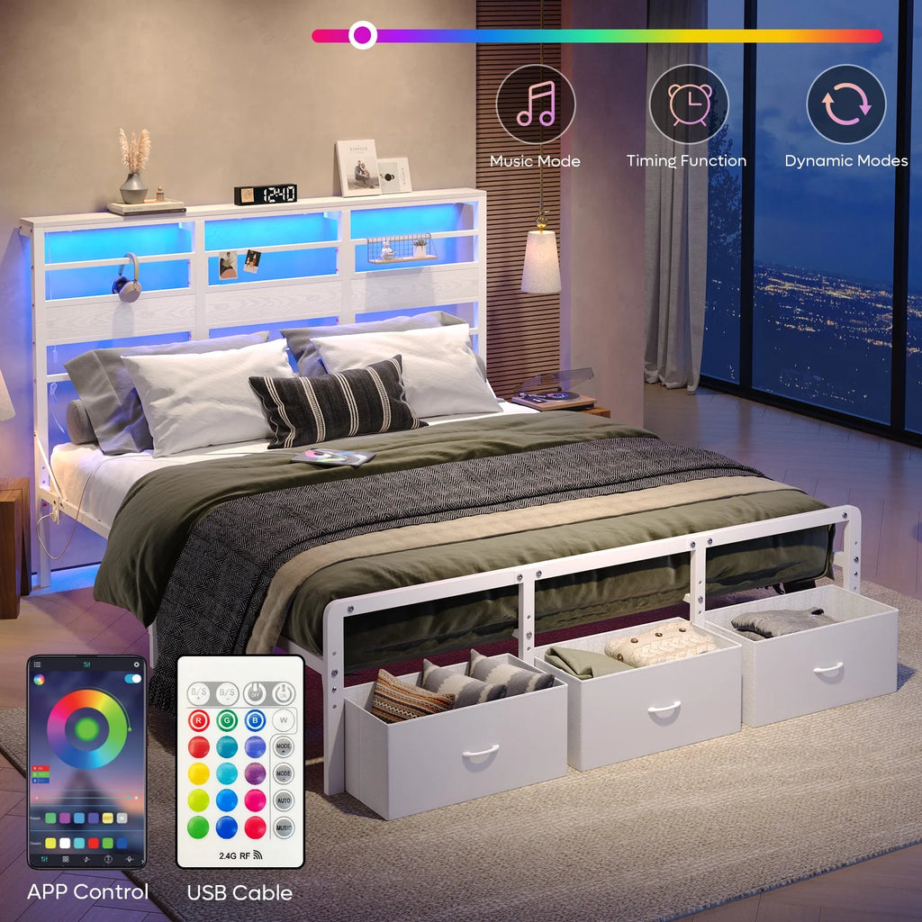 Pinmoco LED Queen Bed Frame with 49.2" High Storage Headboard and 4 Drawers, Adjustable Base Height Metal Platform Bed with Charging Station, Rustic