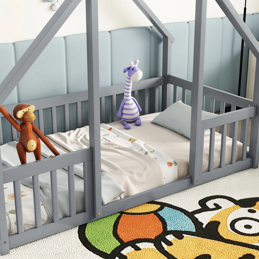 Bellemave Twin Size Floor Bed Frame, Wooden House Bed Twin Size with Fence, Montessori Bed with Guardrails for Bedroom (White)