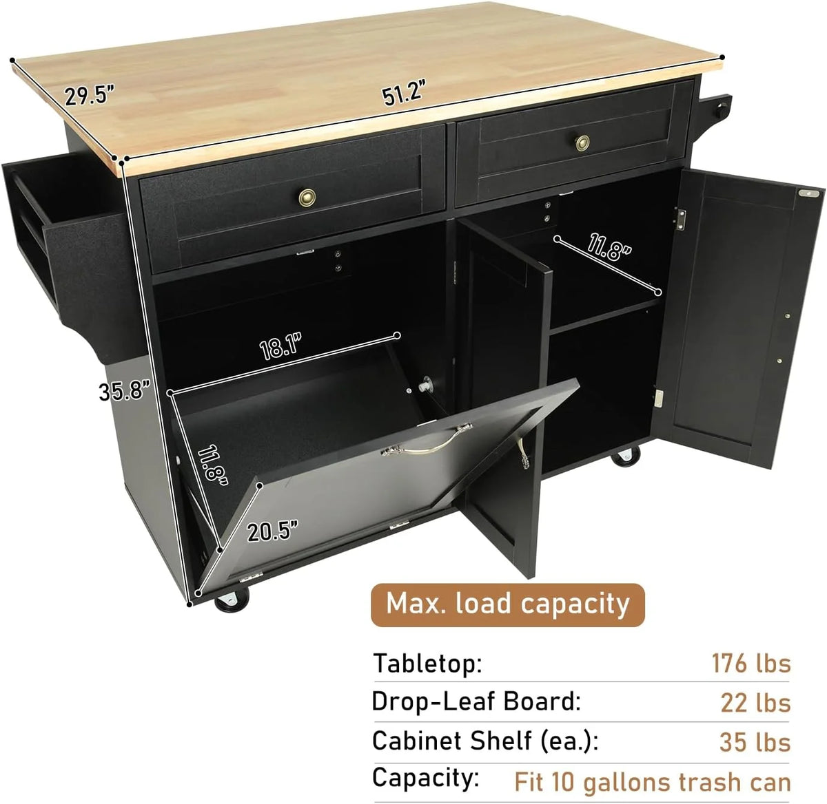 ANPOO 67" Rolling Kitchen Island with Drop Leaf, Tilt Out Kitchen Trash Cabinet 10 Gallon Storage, Kitchen Cart Island with Rubber wood Top, Spice Rack and Drawers