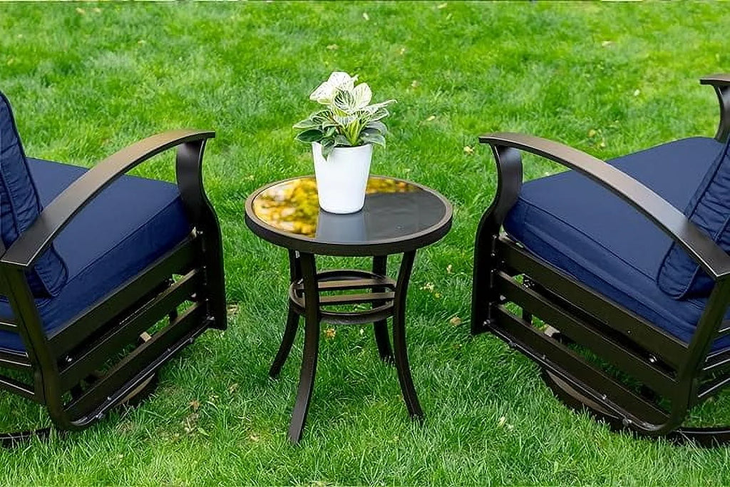 ALAULM 3 Piece Patio Outdoor Aluminum Metal Swivel Rocking Chair with 1 Coffee Table and 2 Khaki Padded Cushions Outdoor Metal Swivel Rocking Chair Furniture Conversation Set for Porch Garden
