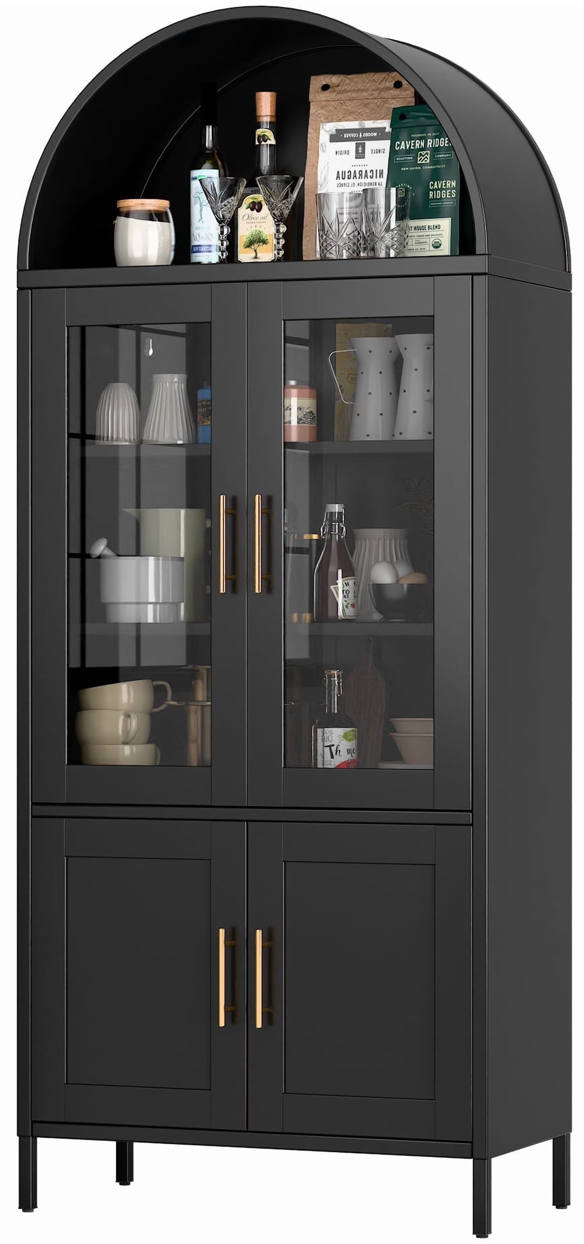 SUPEER Metal Arched Storage Display Cabinet with Glass Doors and Adjustable Shelves, Lockable Cabinet, Assembly Required, Black