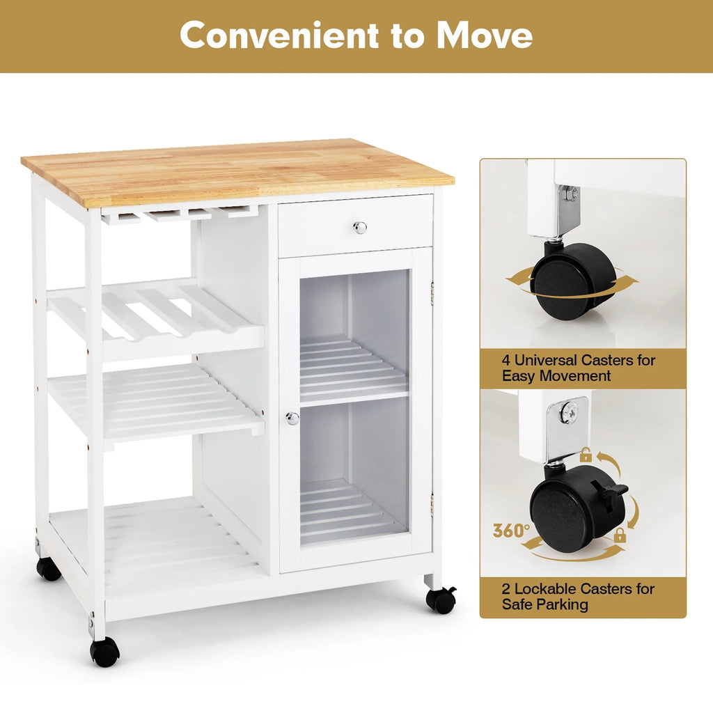 Costway Rolling Kitchen Island Wood Top Trolley Cart Storage Cabinet w/Shelf & Wine Rack