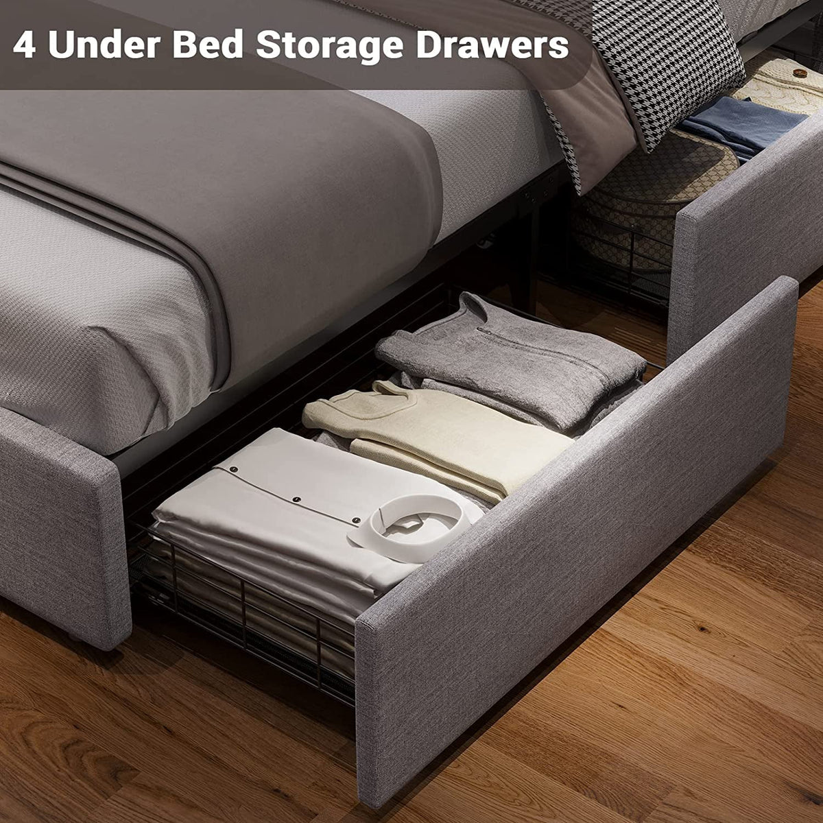 ADORNEVE Queen Size LED Bed Frame with Drawers, Upholstered Platform Bed with 2 USB Charging Station, No Box Spring Needed, Light Grey