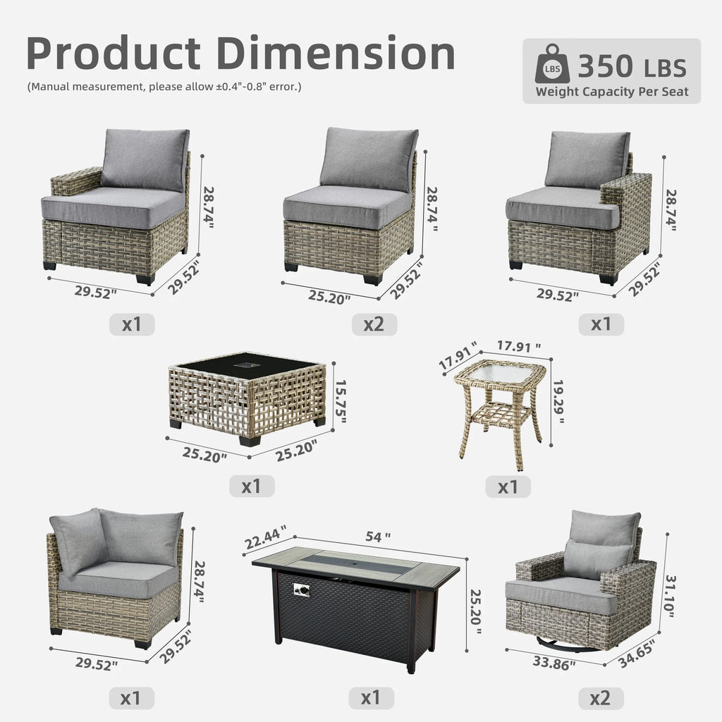 Ovios 10 Pieces Outdoor Patio Furniture Modern High-Back All-Weather Wicker Sectional Conversation Set with Propane Fire Pit Table & Swivel Chair, Dark Gray