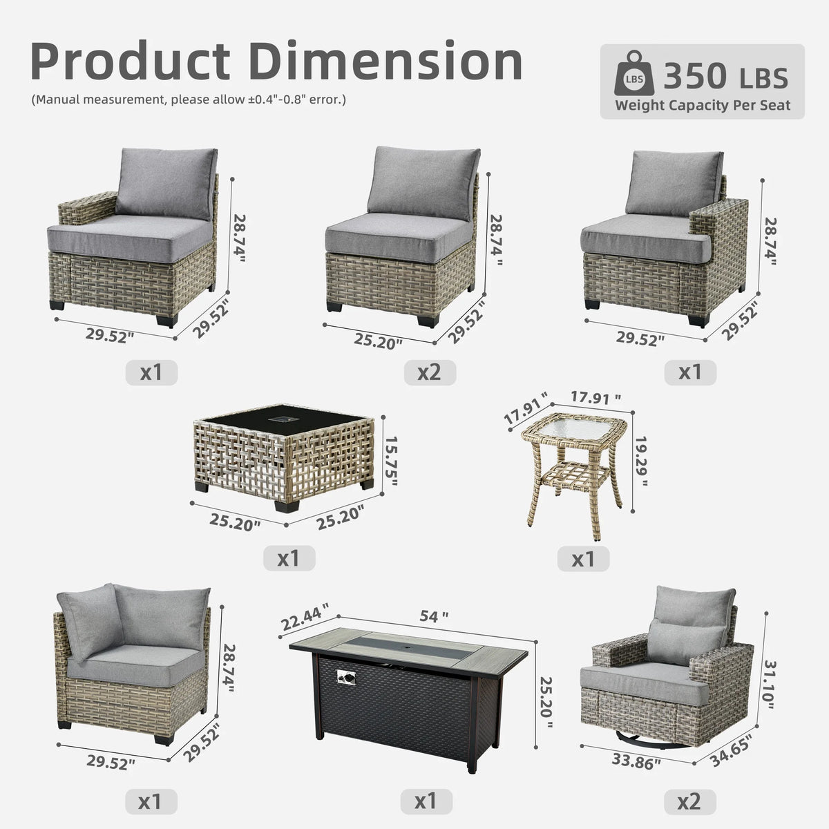 Ovios 10 Pieces Outdoor Patio Furniture Modern High-Back All-Weather Wicker Sectional Conversation Set with Propane Fire Pit Table & Swivel Chair, Dark Gray