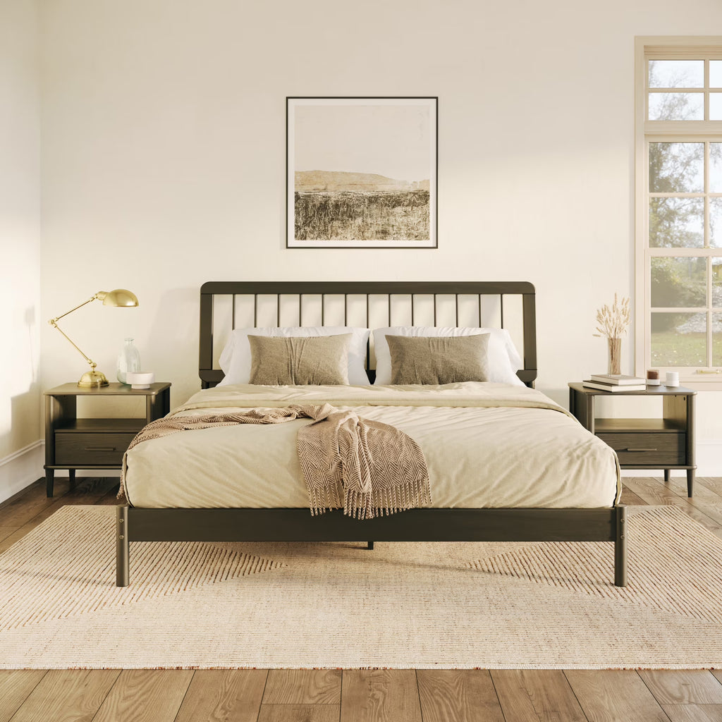 Walker Edison Mid-Century Modern Slatted Solid Wood Queen Bedframe, Natural Pine